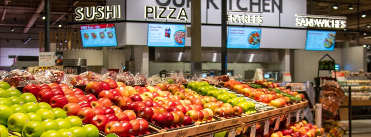 Fresh fruits in crates in Sobeys grocery